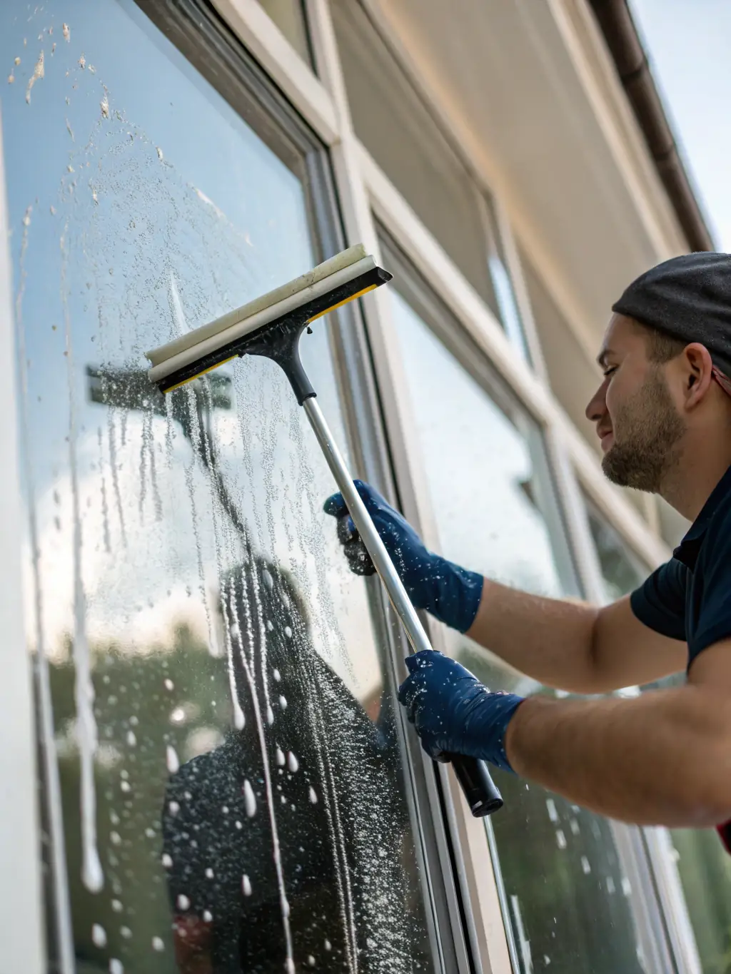 A window with noticeable hard-water stains being treated by a BrightWay technician, demonstrating the effectiveness of the hard-water stain removal process.