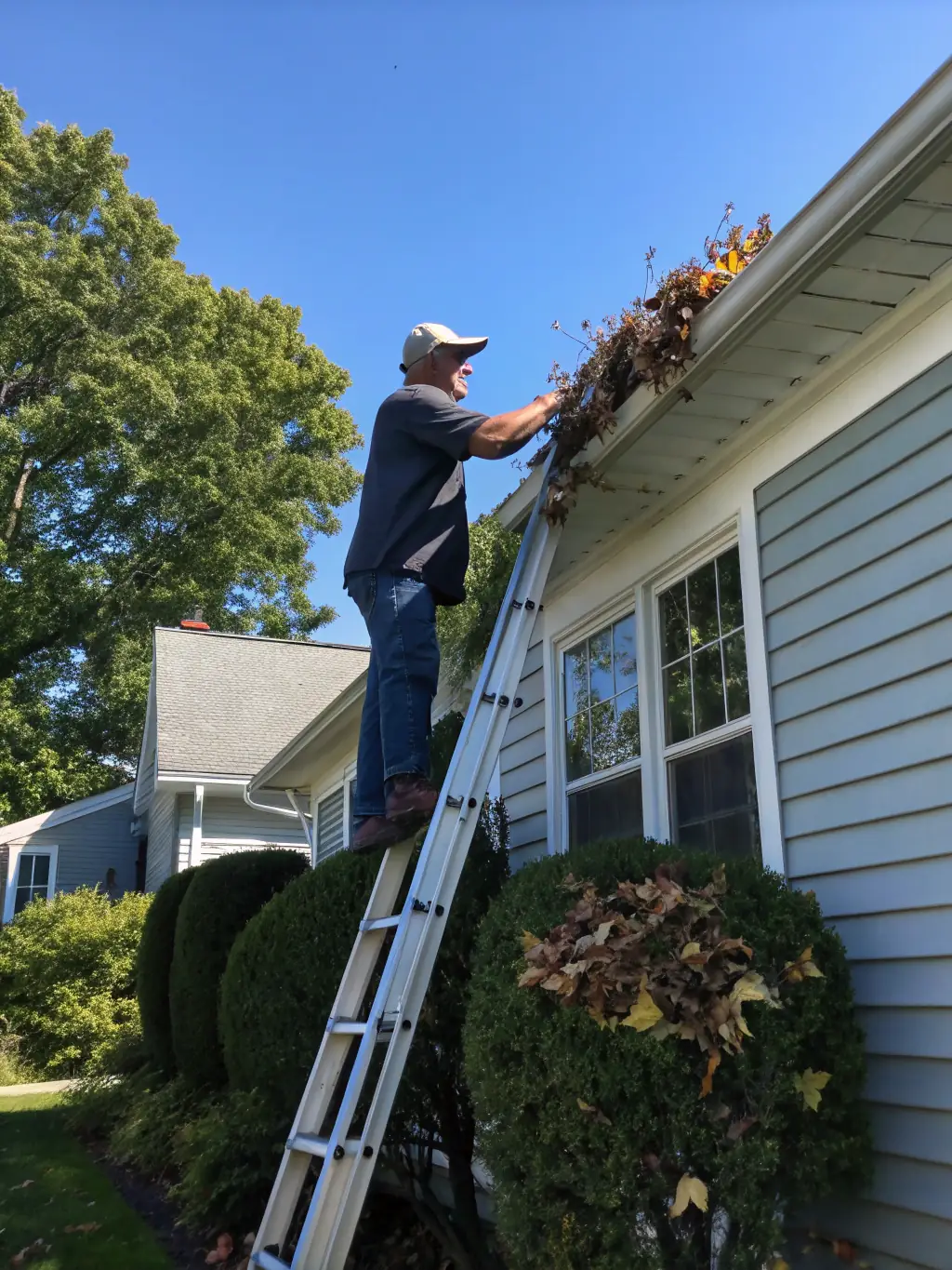 A BrightWay technician cleaning gutters with safety equipment, showcasing the thoroughness and safety measures taken during gutter cleaning.
