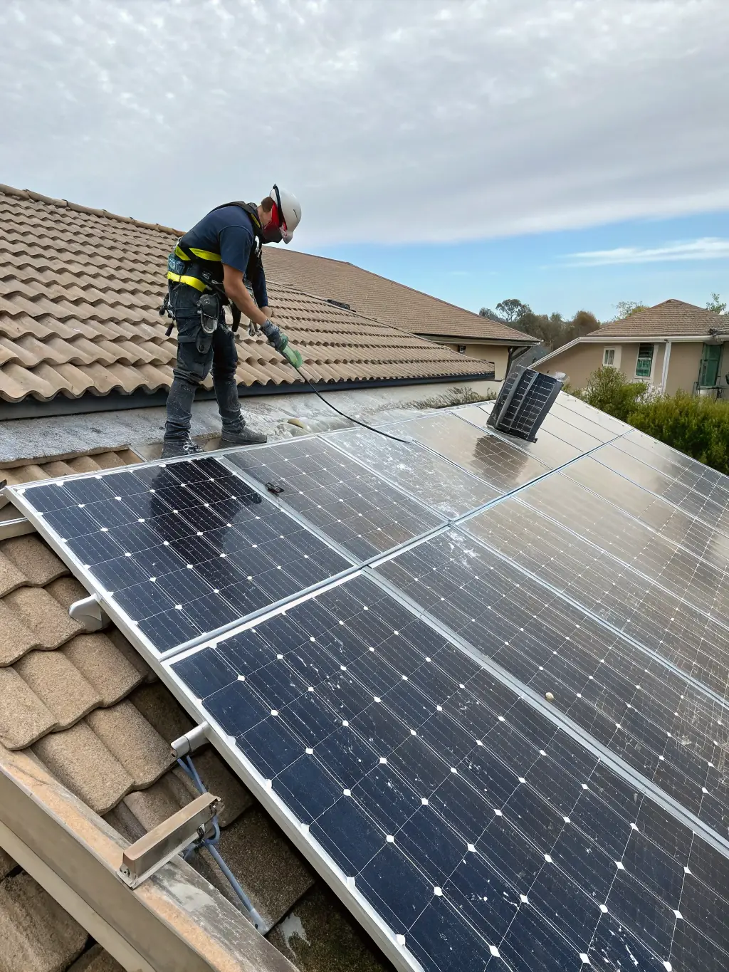 A before-and-after shot of solar panels, showing the improved cleanliness and potential efficiency gains after a BrightWay solar panel cleaning service.